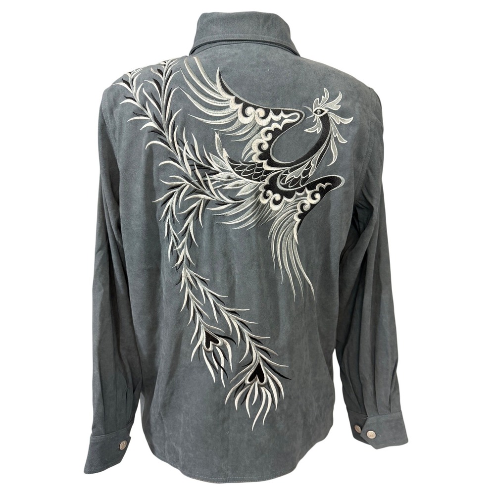 Bob Mackie Wearable Art Faux Suede Phoenix Embroidered Zip Jacket Bluegray M NWT